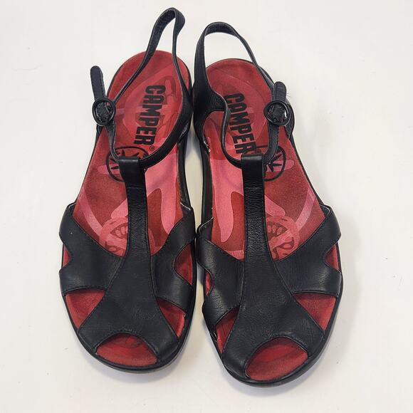 Camper Women Black Leather Ankle Strap Sandal Size 40 US 9 Peep Toe Red Insole - Picture 2 of 9